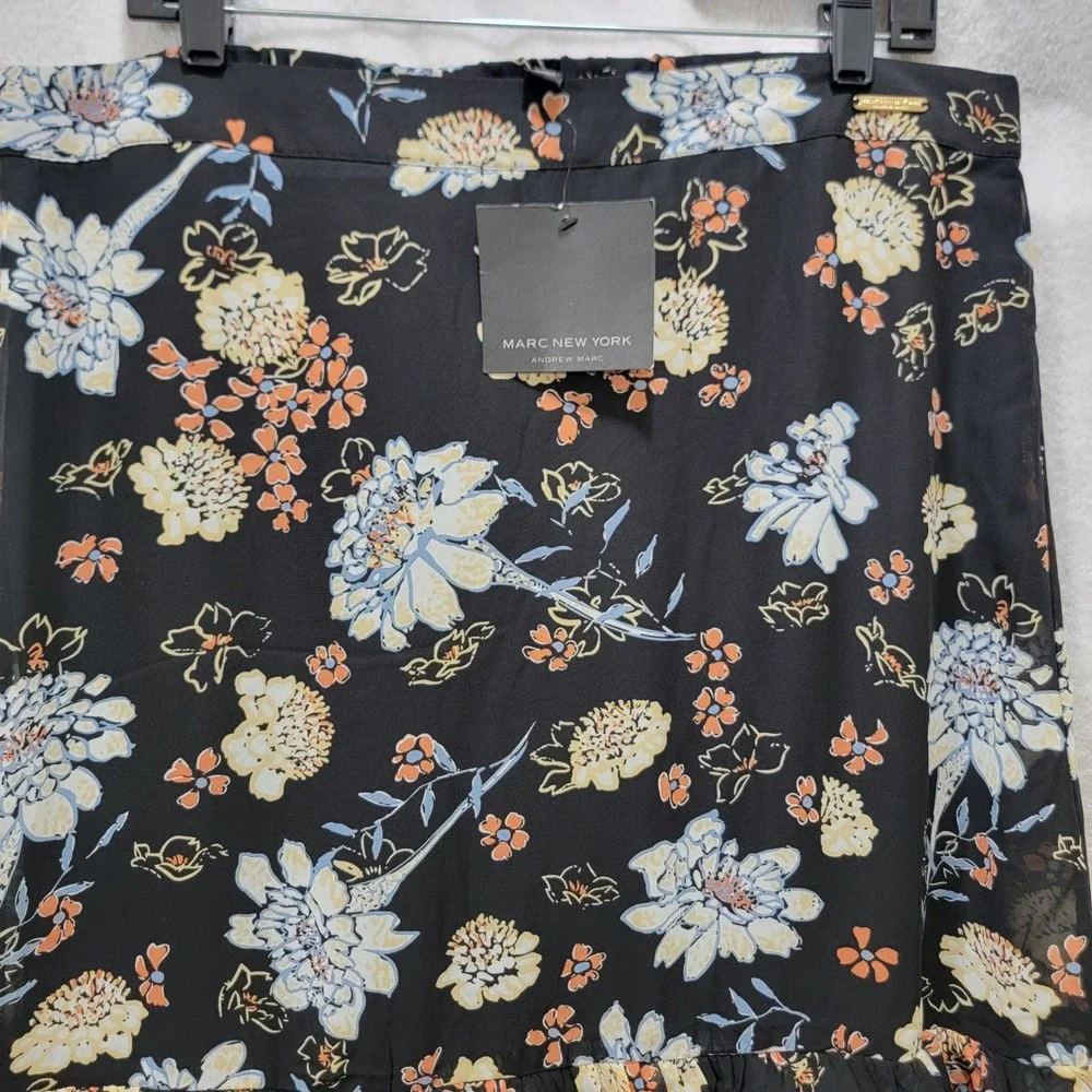 NEW Marc New York Andrew Marc Black Floral Ruffle Midi Skirt XL‎ Style M5MST283